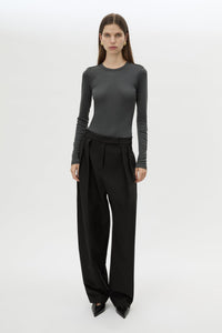 Front view CAMILLA AND MARC Barre Long Sleeve Top in Charcoal Grey with fitted silhouette and crew neckline.