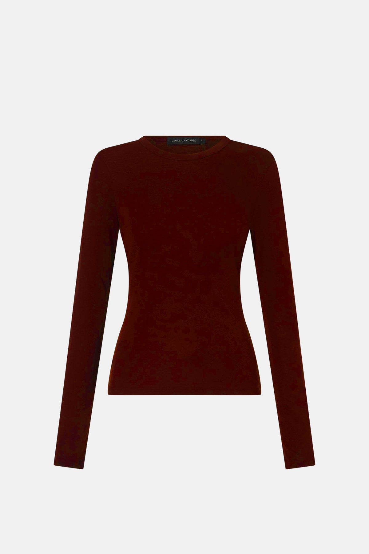 Ghost view CAMILLA AND MARC Barre Long Sleeve Top in Burgundy with fitted silhouette and crew neckline.