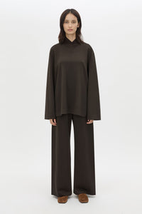 Front styled view CAMILLA AND MARC Bessette mid-rise lounge pant in brown with internal elasticated waistband.