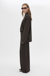 Side view CAMILLA AND MARC Bessette mid-rise lounge pant in brown with internal elasticated waistband.