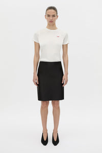Front-styled view CAMILLA AND MARC Birdie Fitted Print Tee in soft white with red embroidered motif detail.