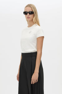 Cropped view CAMILLA AND MARC Bonnie fitted graphic baby tee in soft white with centre printed contrast artwork. 
