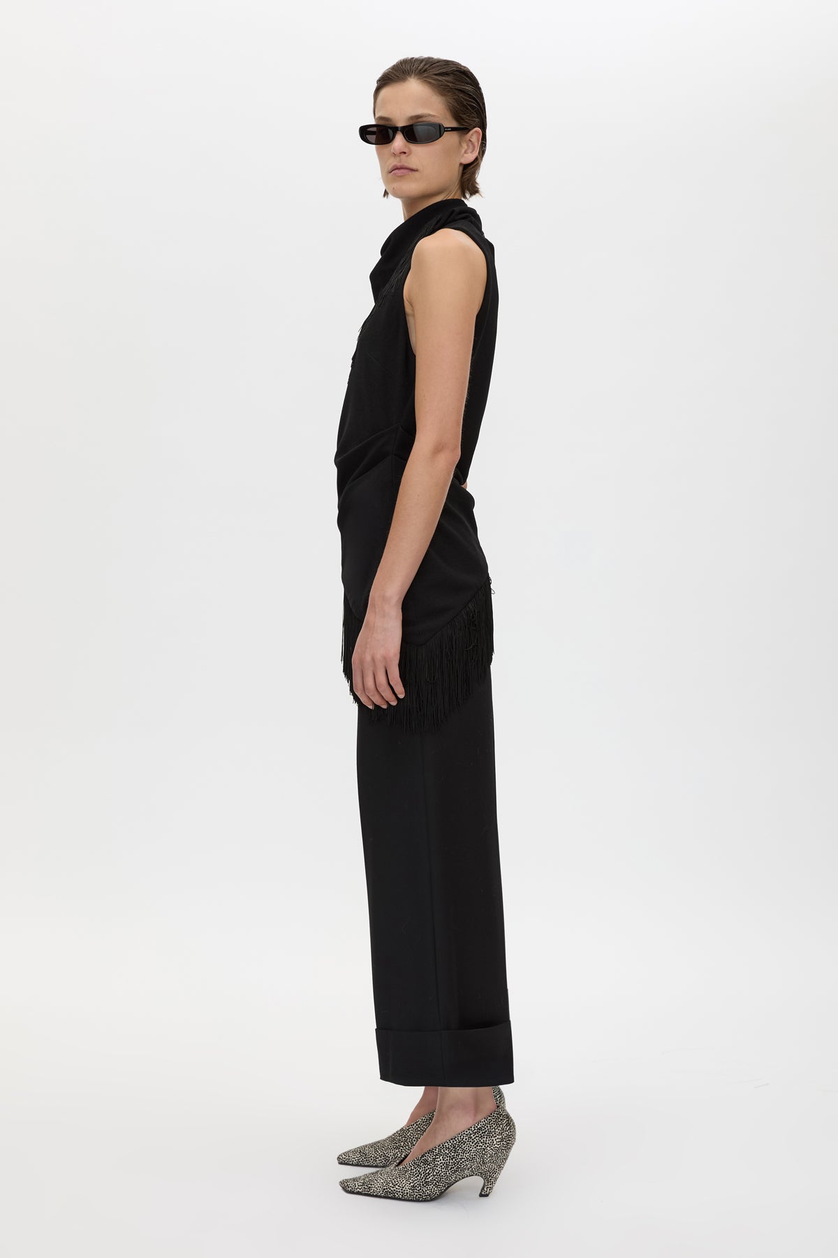 Side view CAMILLA AND MARC Caius Manstyle Wide Leg Pant in Black with tailored high waistband, and 100% Australian wool.