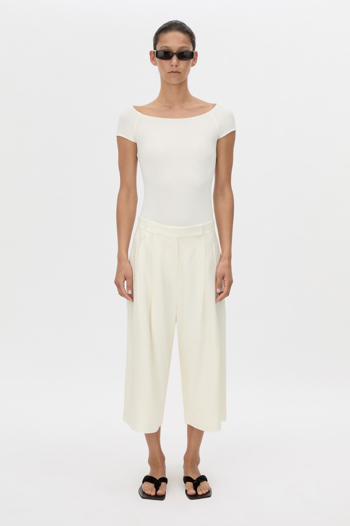 Front view CAMILLA AND MARC Cali Off The Shoulder Bodysuit in soft white.