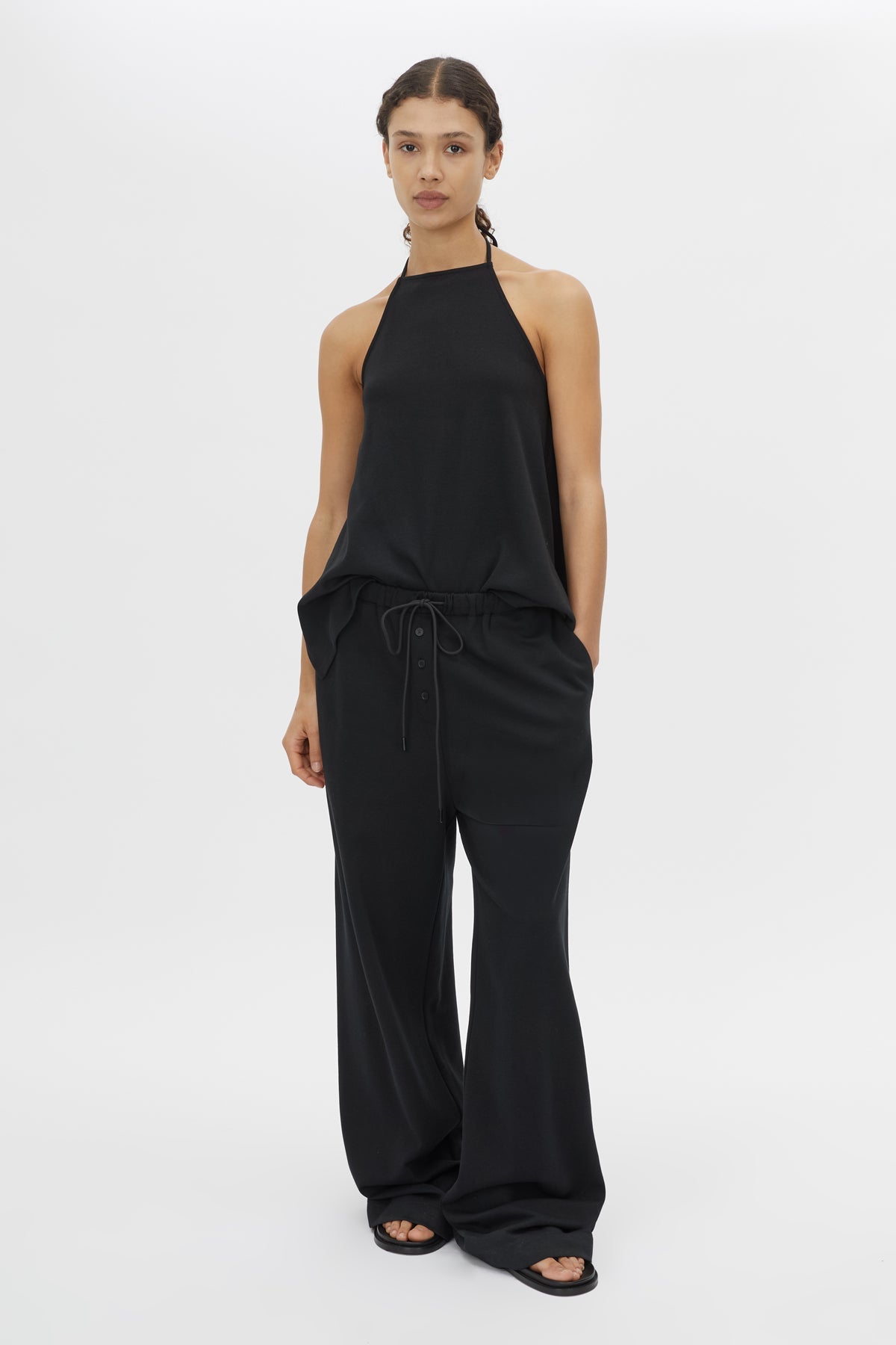 Front view CAMILLA AND MARC Canova Relaxed Pant in Black jersey with gathered waistband and drawcord.