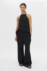 Front view CAMILLA AND MARC Canova Relaxed Pant in Black jersey with gathered waistband and drawcord.