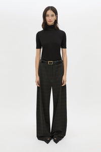 Front View - CAMILLA AND MARC Casio drop crotch check pant in charcoal grey. Side and back pockets. 