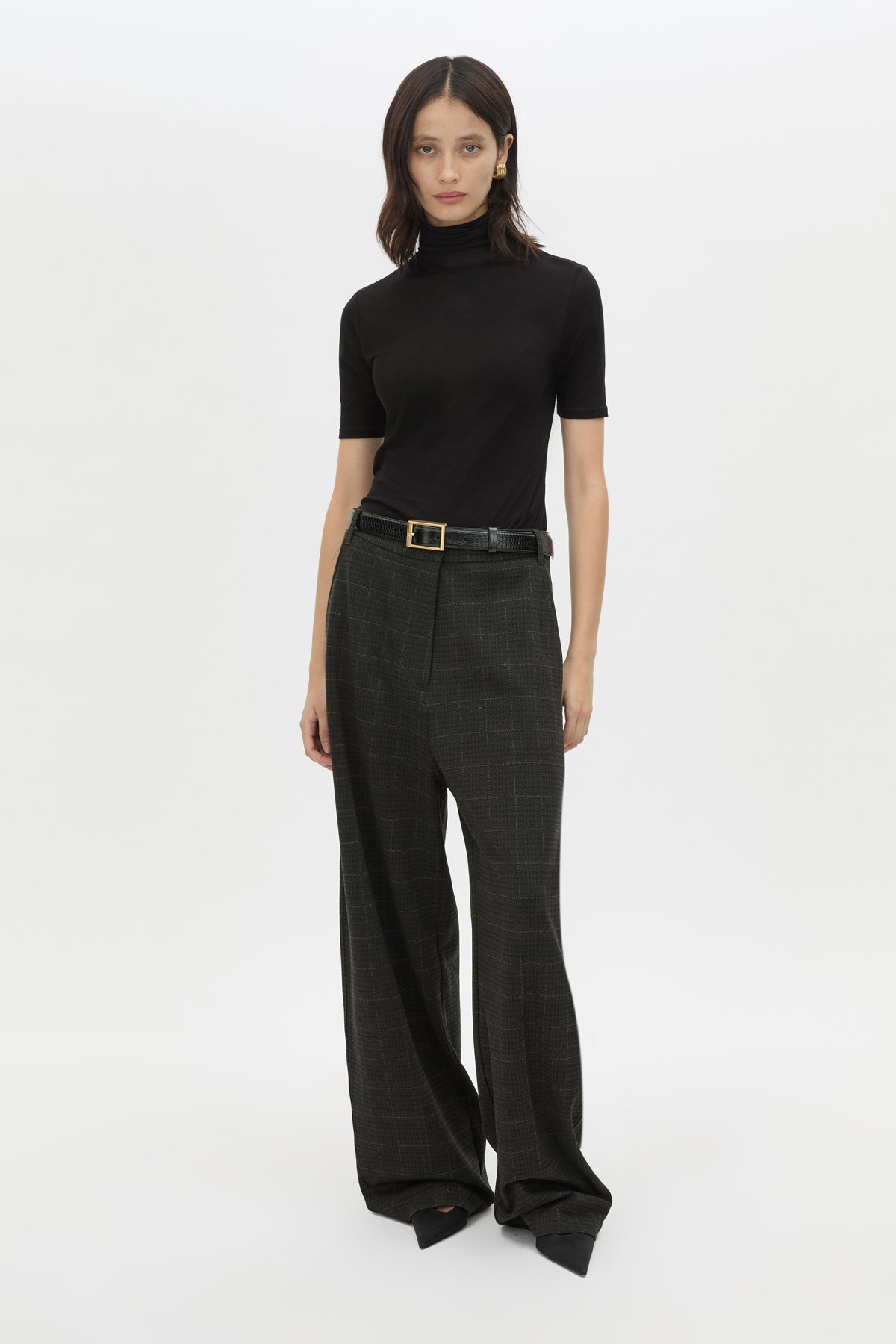 Front View - CAMILLA AND MARC Casio drop crotch check pant in charcoal grey. 