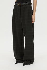 Detail View - CAMILLA AND MARC Casio drop crotch check pant in charcoal grey. Side and back pockets. 