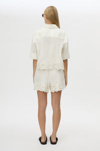Back view CAMILLA AND MARC Chara Embroidered Short in Cream with embroidered hem, and elastic waistband.