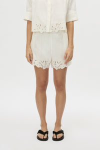 Cropped view CAMILLA AND MARC Chara Embroidered Short in Cream with embroidered hem, and elastic waistband.