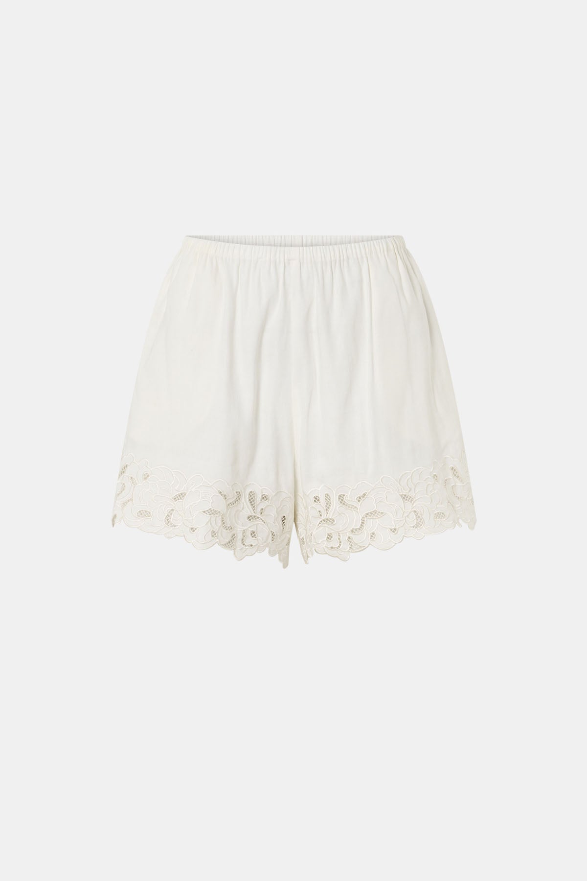 Ghost view CAMILLA AND MARC Chara Embroidered Short in Cream with embroidered hem, and elastic waistband.