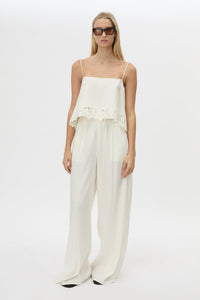Front view CAMILLA AND MARC Chara Relaxed Pant in Cream with elastic waist, and back welts.