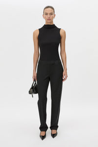 Front-styled view CAMILLA AND MARC Chiaro Slim-Fit Pant in black with low‑waisted, tailored waistband.