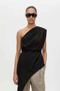 Cropped view CAMILLA AND MARC Ciran Asymmetric Top in Black crafted from 100% Australian wool.