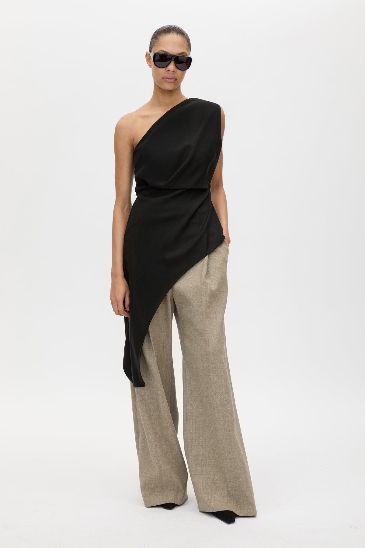 Front view CAMILLA AND MARC Ciran Asymmetric Top in Black crafted from 100% Australian wool.