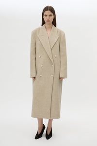 Front view CAMILLA AND MARC Ciro Coat in Beige styled without scarf.