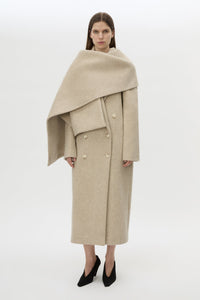 Front view CAMILLA AND MARC Ciro Coat in Beige with detachable scarf, crafted from 100% Australian wool. 