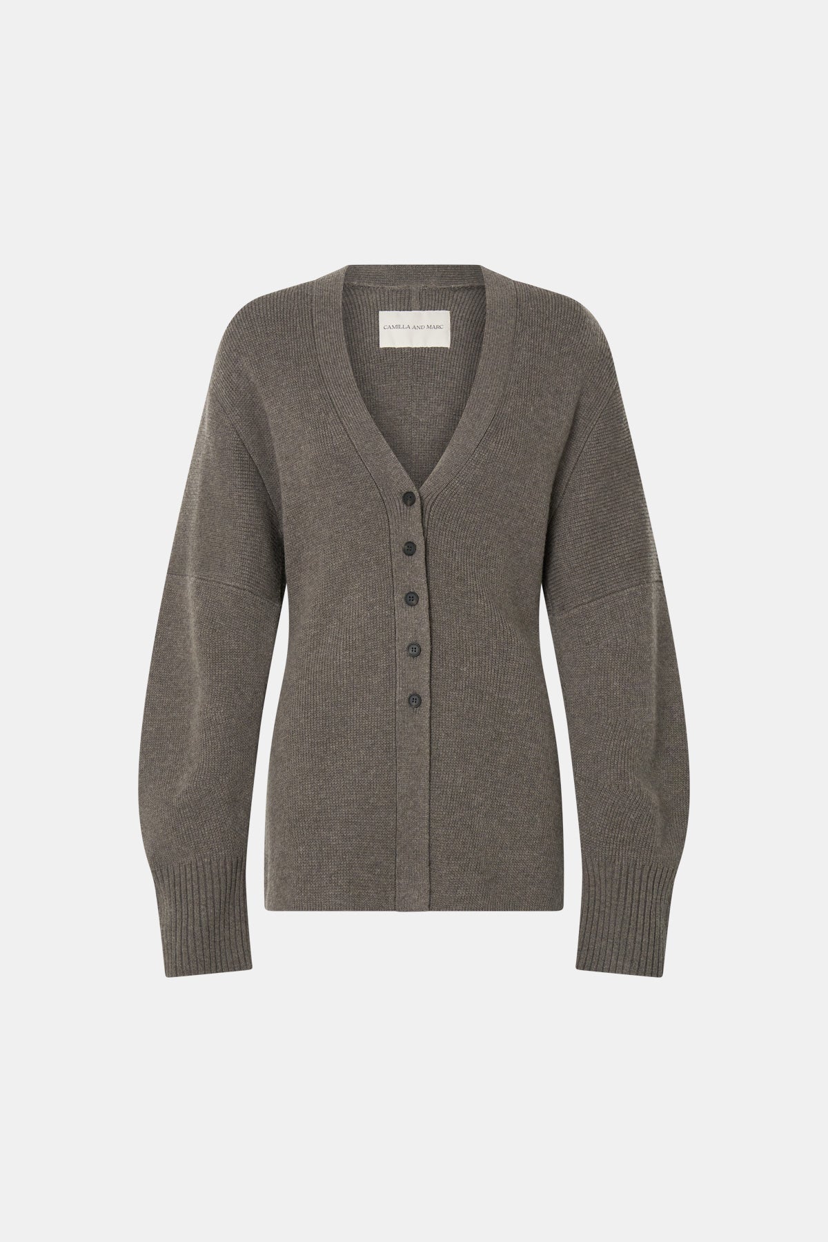 Ghost view CAMILLA AND MARC Crawford Knit Cardigan in Brown with wool knit finish and button‑up front.