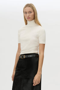 Cropped view CAMILLA AND MARC Dakota Elbow Sleeve Top in Cream with turtleneck silhouette.