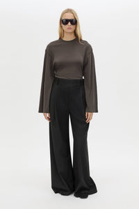 Front view CAMILLA AND MARC Dakota long sleeve relaxed top in charcoal grey with crew neckline and semi-sheer fabrication