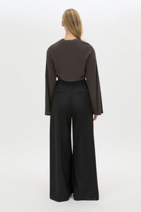 Back view CAMILLA AND MARC Dakota long sleeve relaxed top in charcoal grey with crew neckline and semi-sheer fabrication.