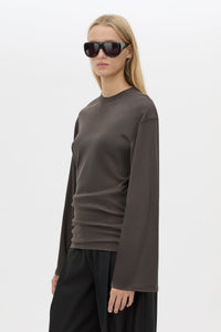 Cropped view CAMILLA AND MARC Dakota long sleeve relaxed top in charcoal grey with crew neckline and semi-sheer fabrication