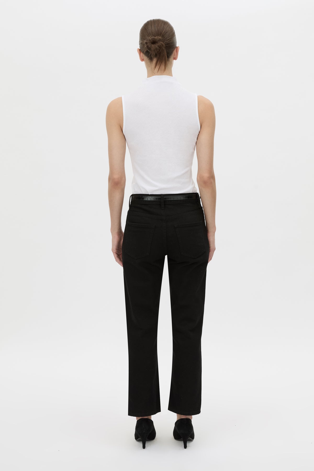 Back view CAMILLA AND MARC fitted Dakota Sleeveless High Neck Top in soft white.