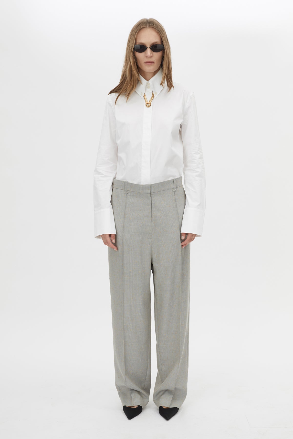Front view CAMILLA AND MARC Denis Long Sleeve Shirt in White with man‑style tailoring and snake chain detail.