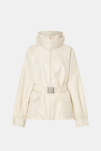 Ghost view CAMILLA AND MARC Drea funnel neck puffer jacket in cream with utility waistbelt and detachable throat latch.