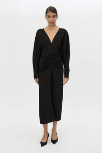 Front view CAMILLA AND MARC Dune Draped Waist Midi Dress in Black with gathered waist detailing.