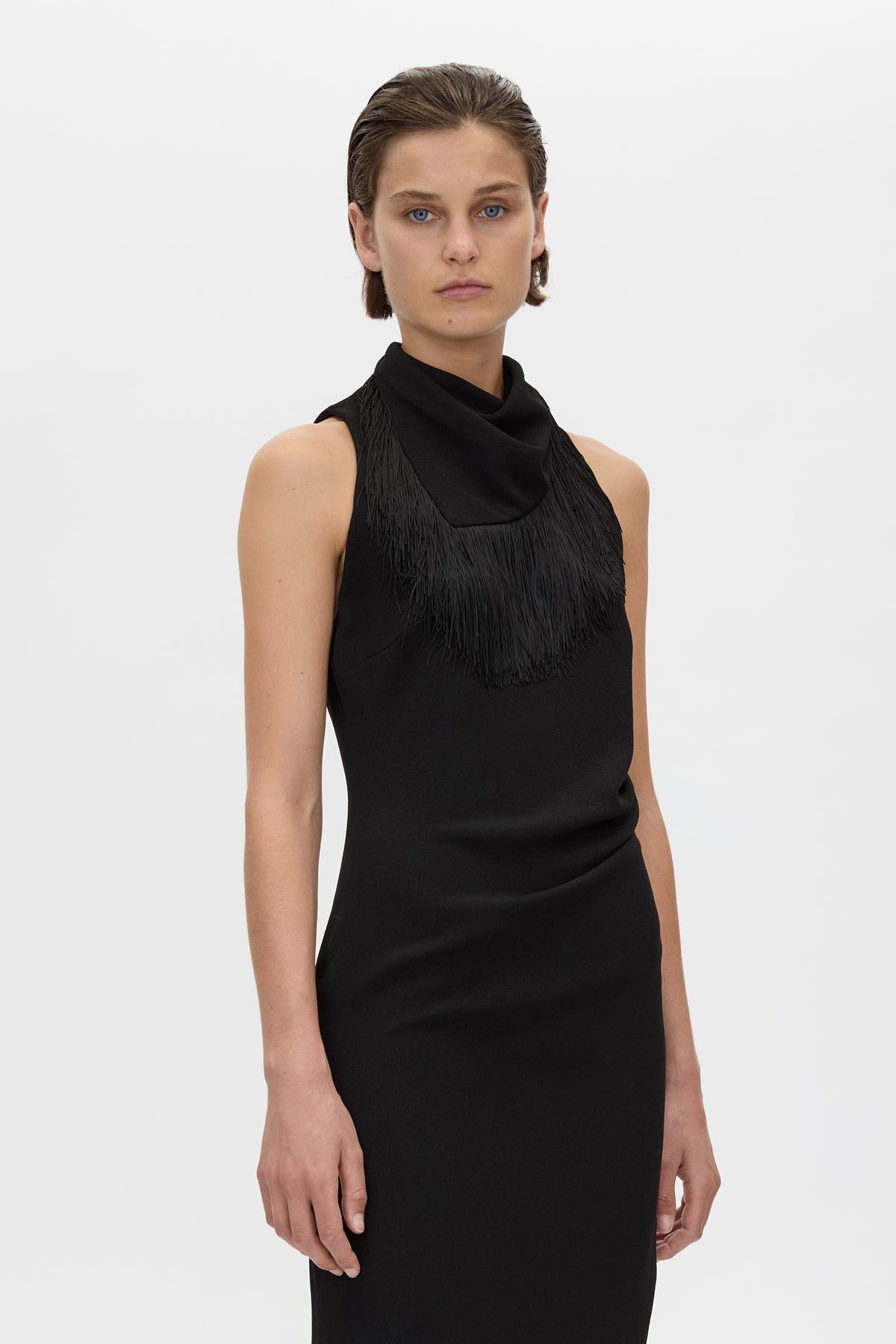 Detail View - CAMILLA AND MARC Dune Fringe Detail Midi Dress in black with fringe scarf. 