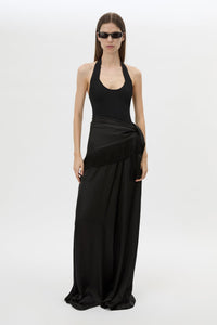 Front view CAMILLA AND MARC Dune Scarf Top in Black with fringe hem, and corner loops for versatile wear.