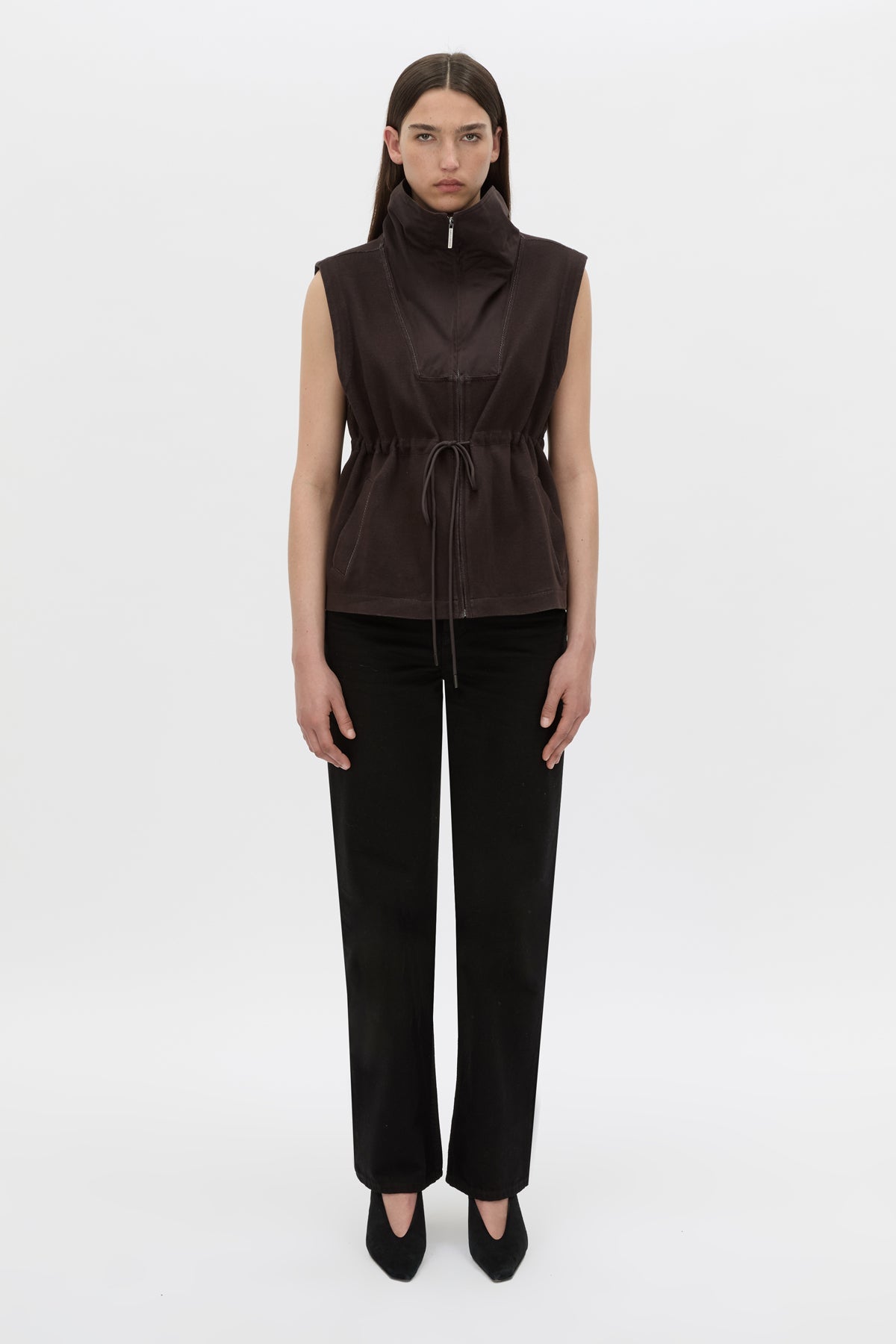 Front-styled view CAMILLA AND MARC Eira sleeveless vest in hickory.
