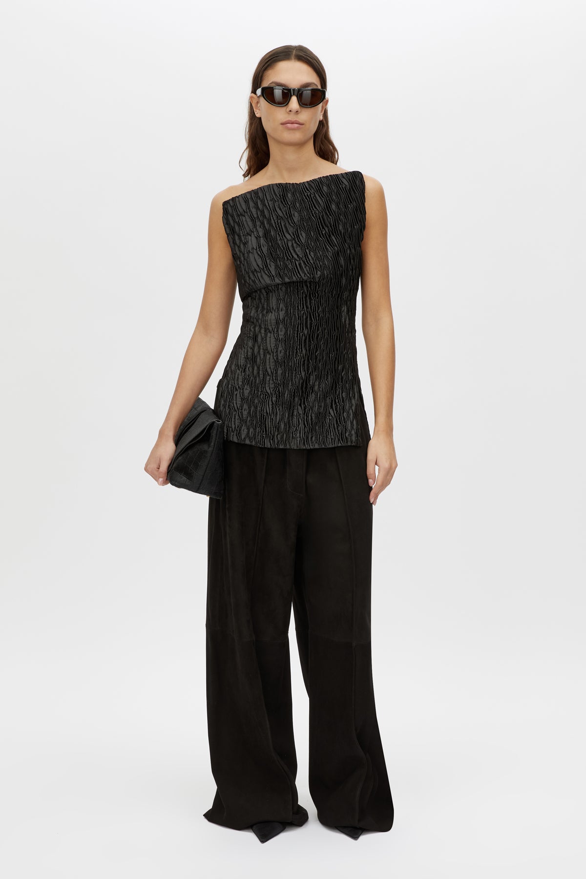 Front view CAMILLA AND MARC Elise Top in Black with sculpted fit, off‑shoulder design and side hem splits.