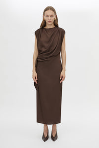 Front styled view CAMILLA AND MARC Elowyn Midi Dress in Espresso Brown with draped detailing.