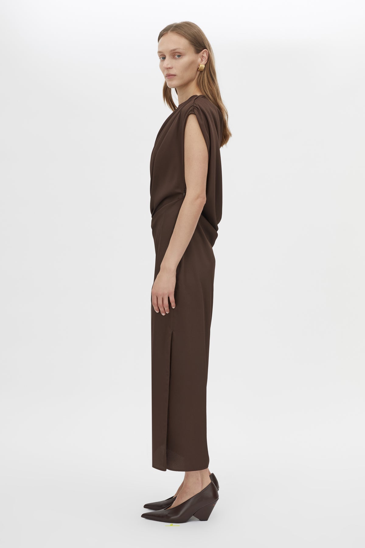 Side view CAMILLA AND MARC Elowyn Midi Dress in Espresso Brown with draped detailing.
