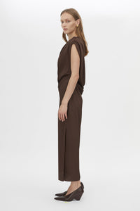Side view CAMILLA AND MARC Elowyn Midi Dress in Espresso Brown with draped detailing.