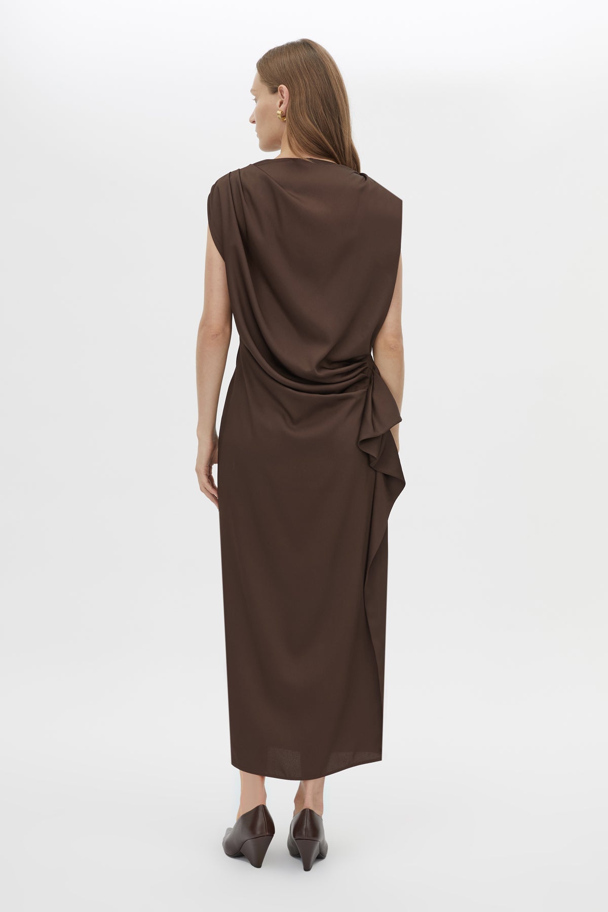 Back view CAMILLA AND MARC Elowyn Midi Dress in Espresso Brown with draped detailing.