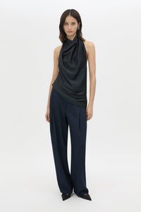 Front view CAMILLA AND MARC Elowyn Halter Top in French Navy with a draped open back and asymmetric hem.
