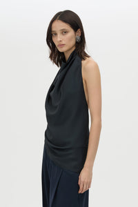 Cropped view CAMILLA AND MARC Elowyn Halter Top in French Navy with a draped open back and asymmetric hem.