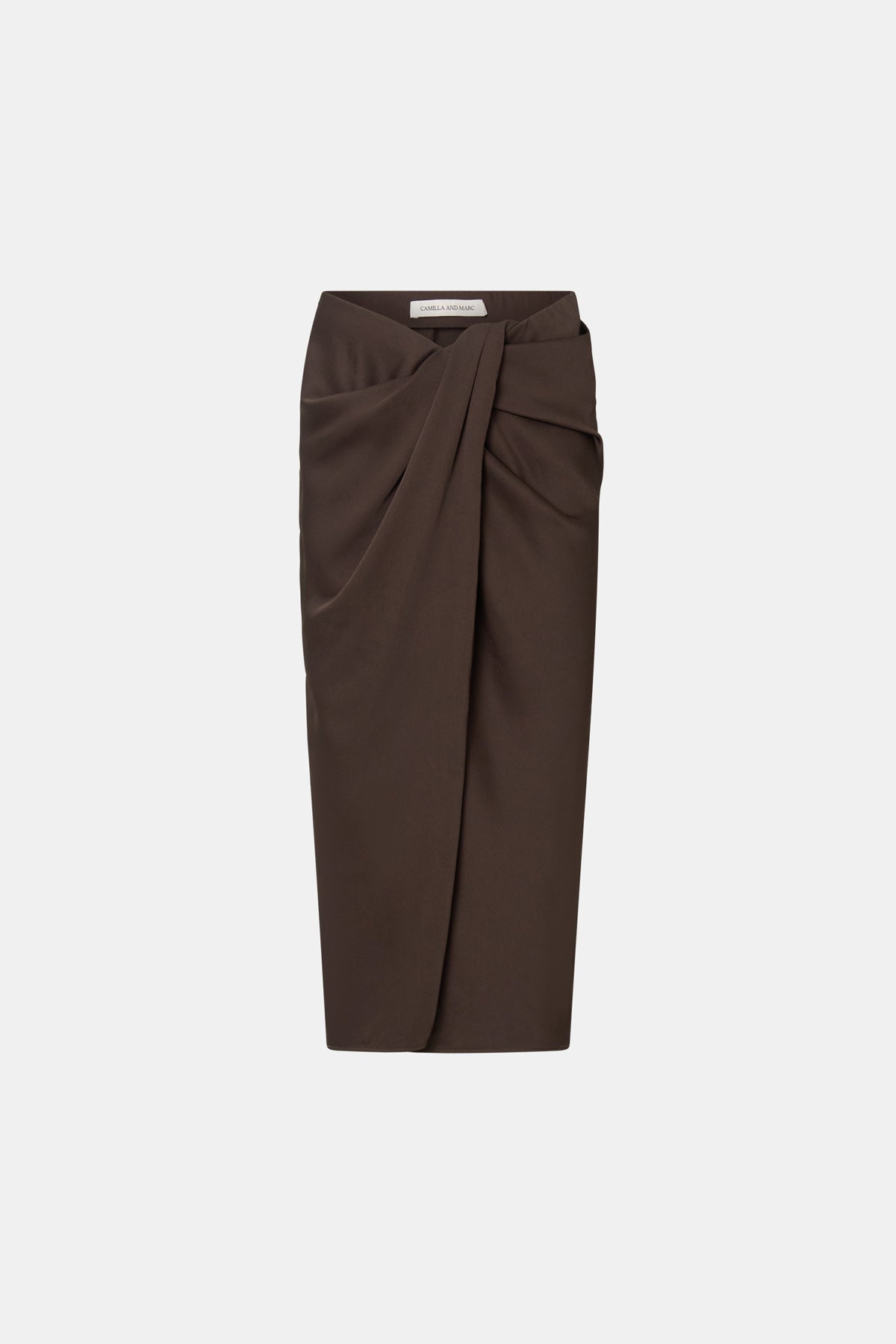 Ghost view CAMILLA AND MARC Elowyn Wrapped Midi Skirt in Espresso Brown with front draped detailing.