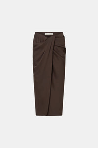 Ghost view CAMILLA AND MARC Elowyn Wrapped Midi Skirt in Espresso Brown with front draped detailing.
