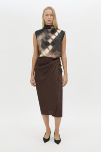 Front view CAMILLA AND MARC Elowyn Wrapped Midi Skirt in Espresso Brown with front draped detailing.