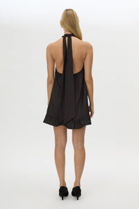 Back view CAMILLA AND MARC Elsen Halter Mini Dress in Black with open back, tie‑up neck and fluted crinoline hem.