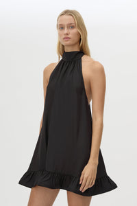 Cropped view CAMILLA AND MARC Elsen Halter Mini Dress in Black with open back, tie‑up neck and fluted crinoline hem.
