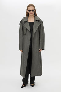 Front View CAMILLA AND MARC Ember Trech Coat in grey with oversized fit and waist belt.