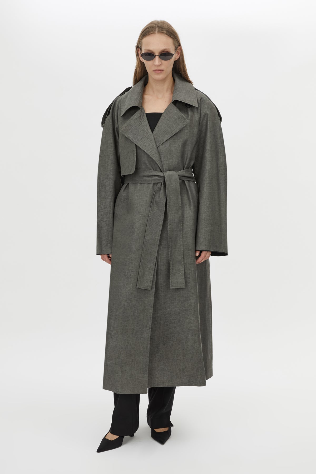 Front Styled View CAMILLA AND MARC Ember Trech Coat in grey with oversized fit and waist belt.