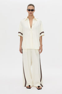 Front-styled view CAMILLA AND MARC relaxed Enna Shirt in stone with embroidery detail.
