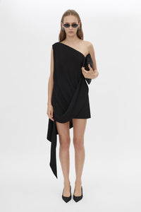 Front Styled View CAMILLA AND MARC Eon Dress asymmetric draped one-shoulder mini dress in black.